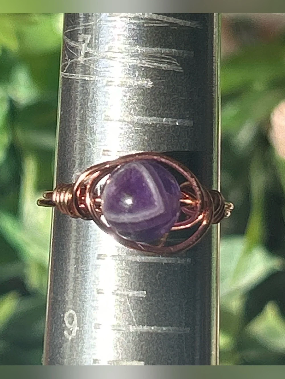 Handmade chevron amethyst wire wrapped crystal ring size 8